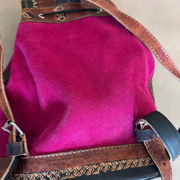 Baby Alpaca Made In Peru Magenta Pink Suede Leather Drawstring Backle Backpack S - Picture 5 of 11